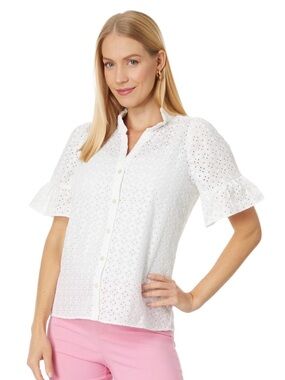 🤍🤍NWT Lilly Pulitzer Calynn Eyelet Button-Down Top Resort White Ditsy Size 16